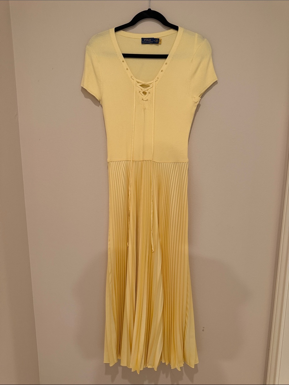 Ralph Lauren Pale Yellow Lace-Up Pleated Midi Dress